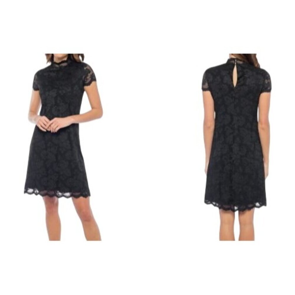 Marina Women's Dress Lace Scalloped Black Key Hole Mock Neck Short Sleeve Large